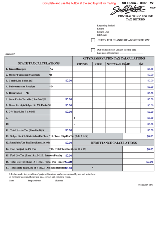 Fillable Sd Eform 0907 Contractors' Excise Tax Return printable pdf
