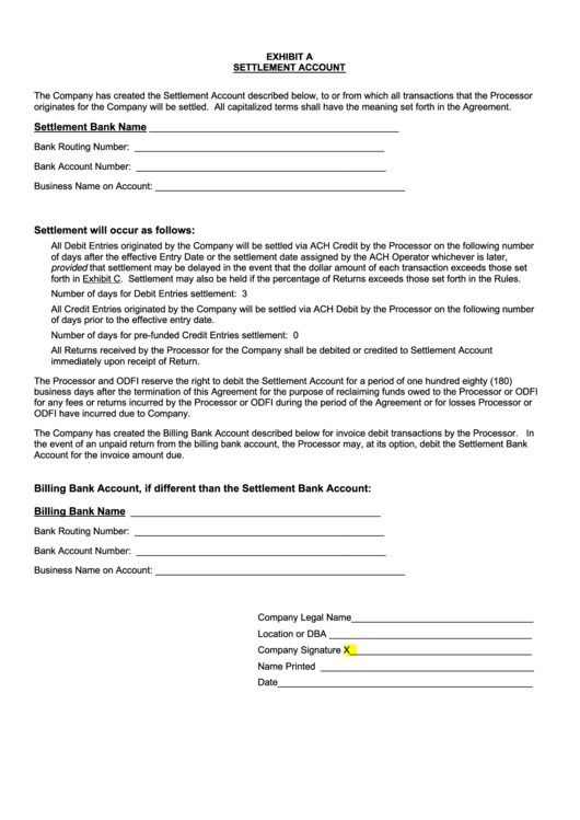 Exhibit A Settlement Account Ach Credit printable pdf download