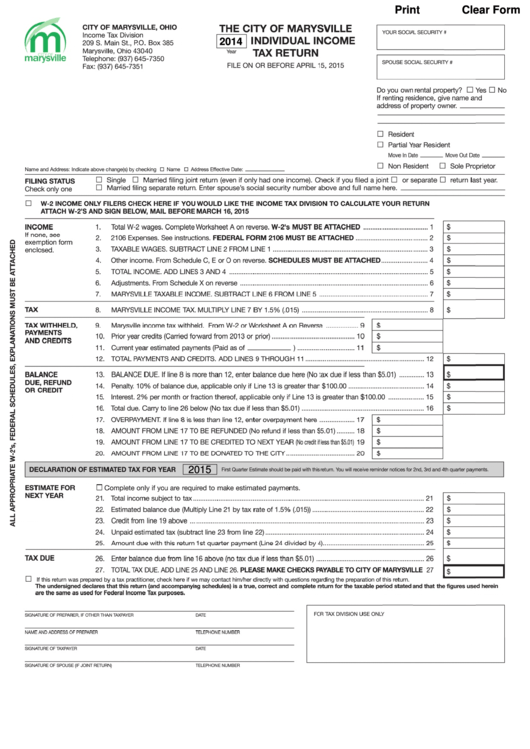 Individual Tax Return City Of Marysville, Ohio 2014