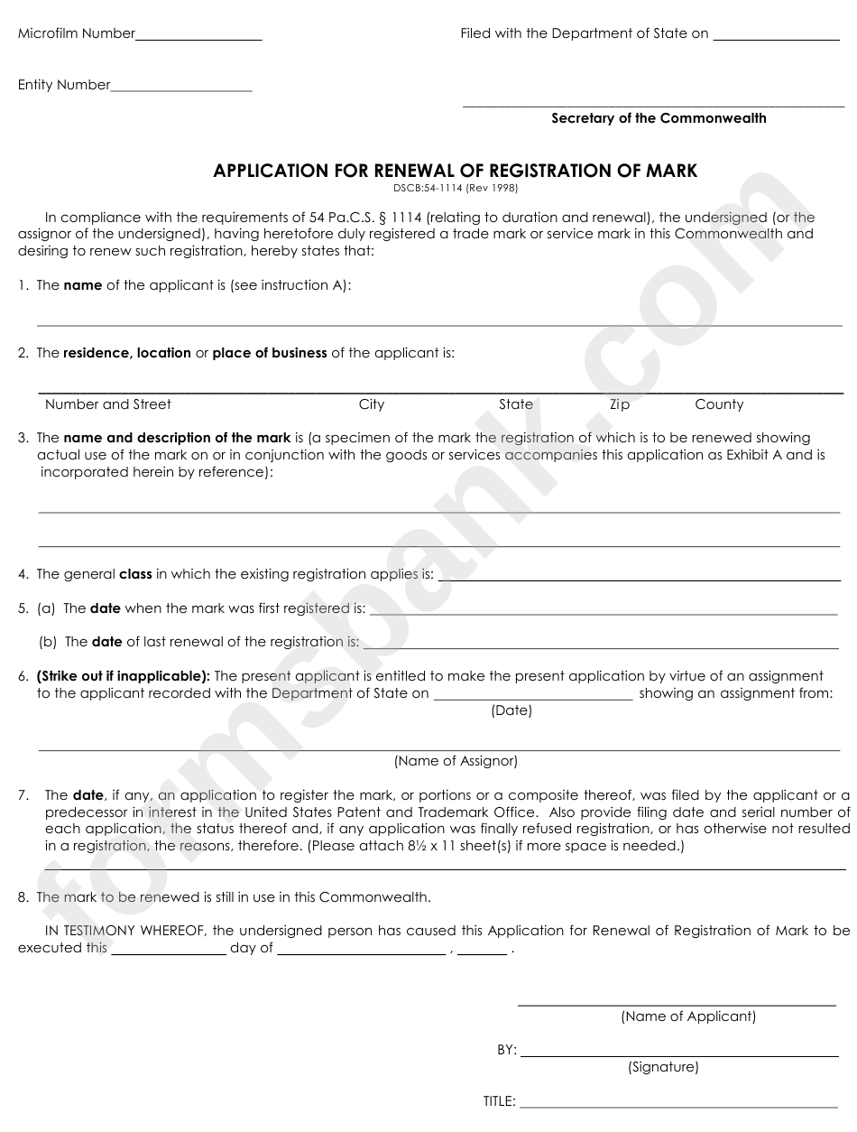 Application For Renewal Of Registration Of Mark Pennsylvania