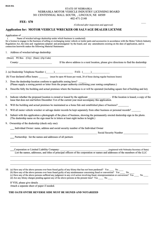 Fillable Form Dlb10a Application For Motor Vehicle Wrecker Or