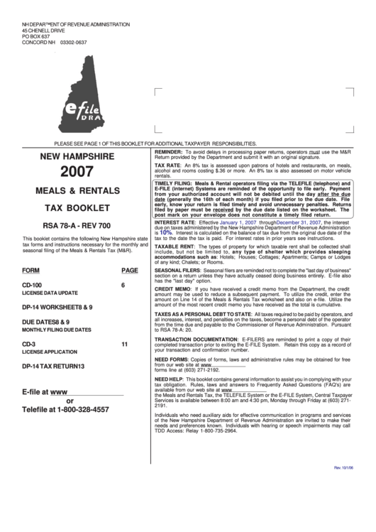 New Hampshire 2007 Meals & Rentals Tax Booklet printable pdf download
