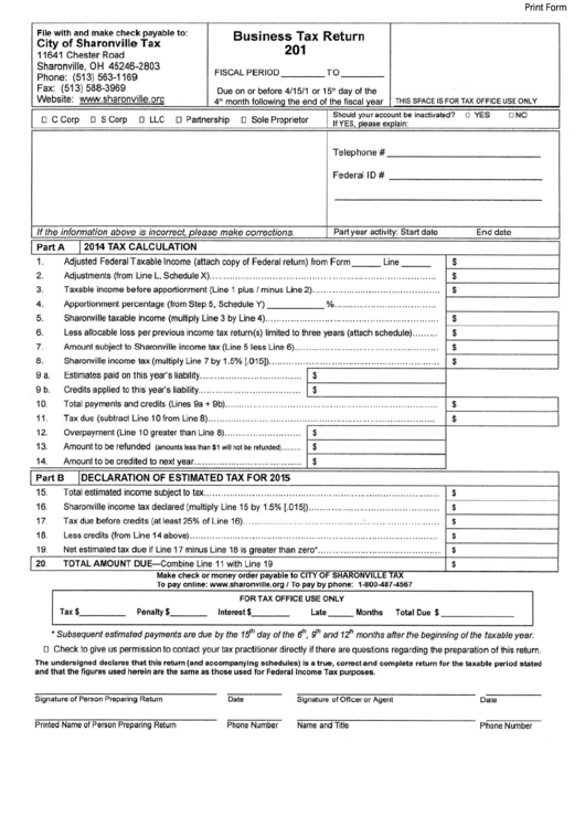 Fillable Business Tax Return City Of Sharonville, Ohio 2014