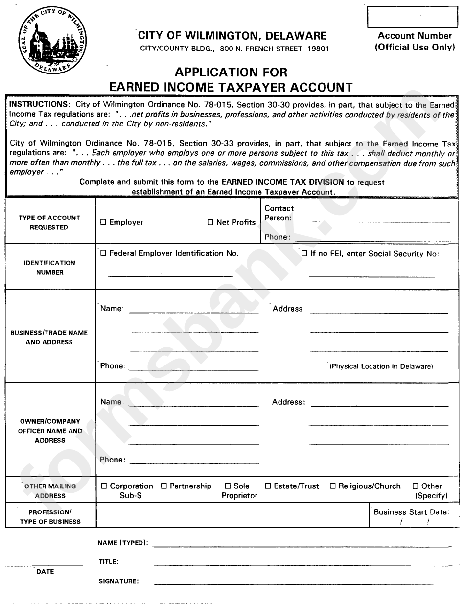 Application For Earned Taxpayer Account City Of Wilmington