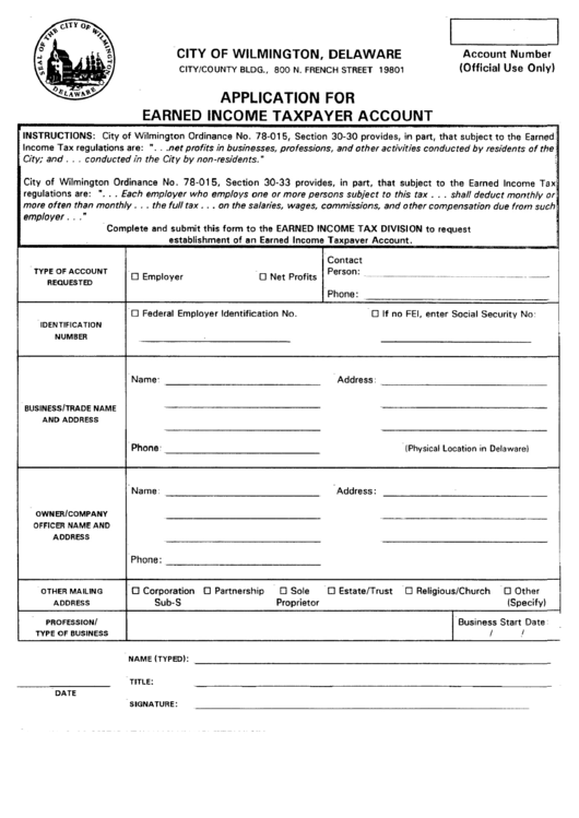 Application For Earned Taxpayer Account City Of Wilmington