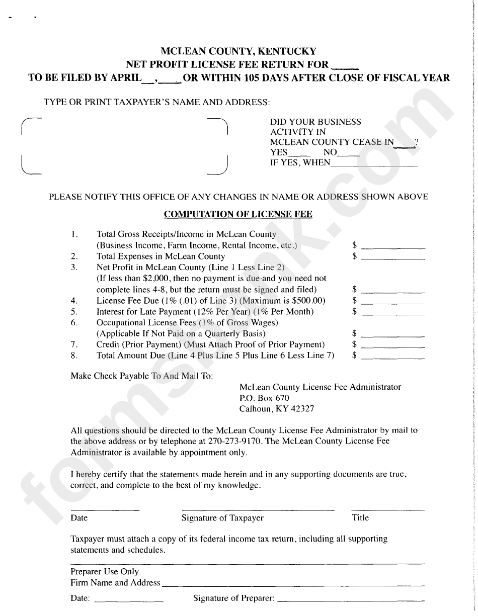 Net Profit License Fee Return Mclean County, Kentucky printable pdf