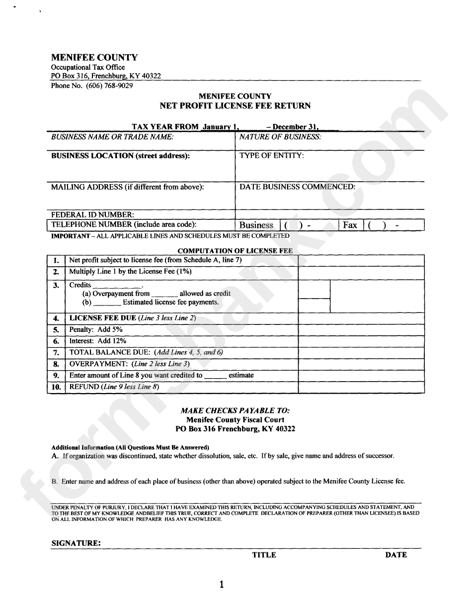 Net Profit License Fee Return Menifee County, Kentucky printable pdf