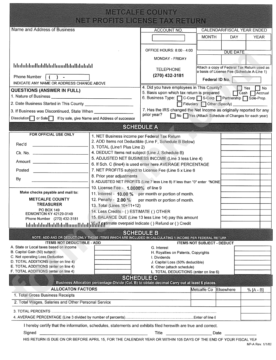 Form NpA Net Profits License Tax Return Metcalfe County, Kentucky
