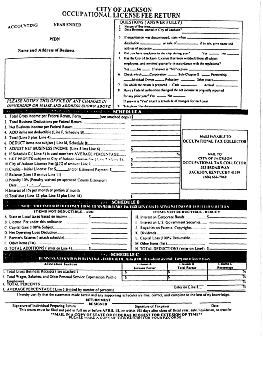 Occupational License Fee Return City Of Jackson, Kentucky printable