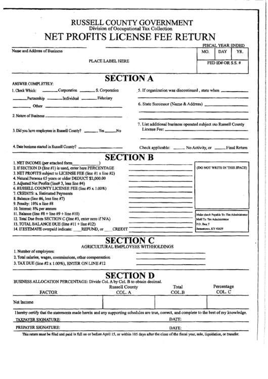 Net Profit License Fee Return Russel County, Kentucky printable pdf