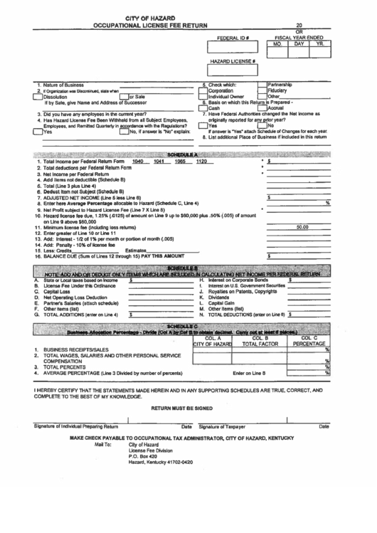 Occupational License Fee Return City Of Hazard, Kentucky printable