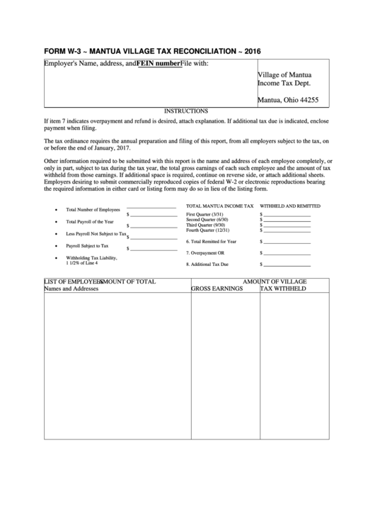 Form W3 Mantua Village Tax Reconciliation 2016 printable pdf download