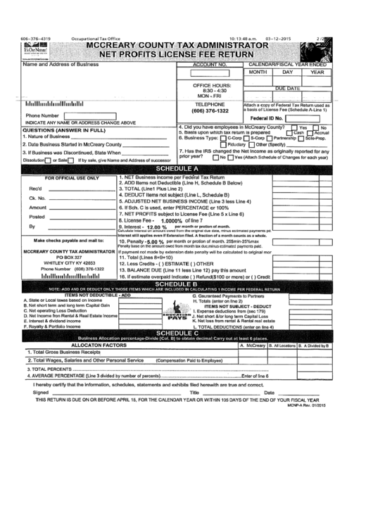 Form McnpA Net Profits License Tax Return Mccreary County