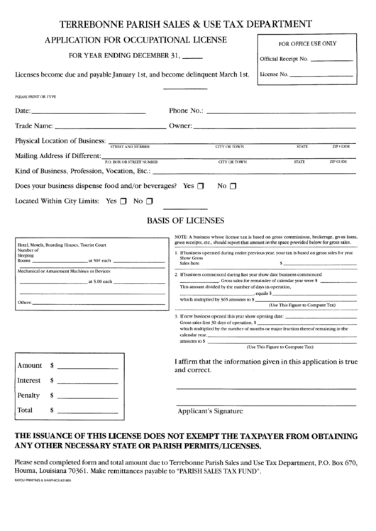 Application For Occupational License Terrebonne Parish, Louisiana