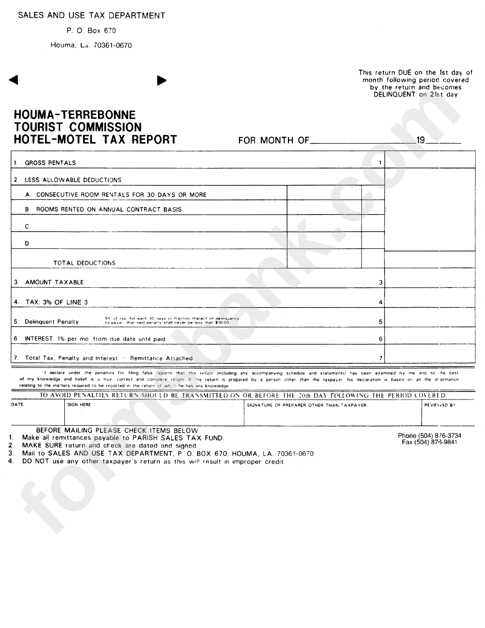 Tourist Commission HotelMotel Tax Report City Of Houma, Louisiana