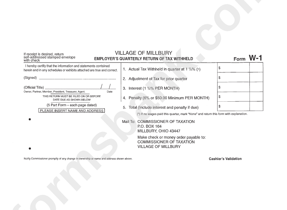Form W1 Employer'S Quarterly Return Of Tax Withheld Village Of