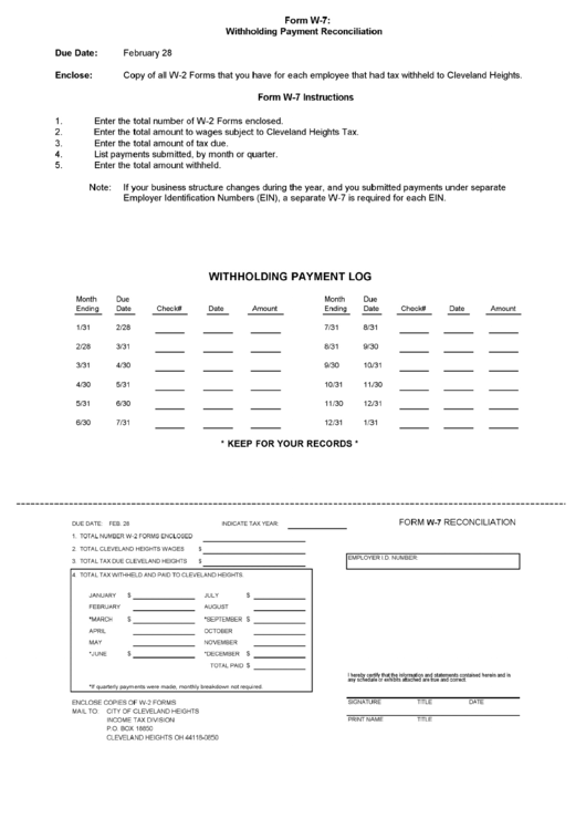 Form W7 Withholding Payment Reconciliation City Of Cleveland