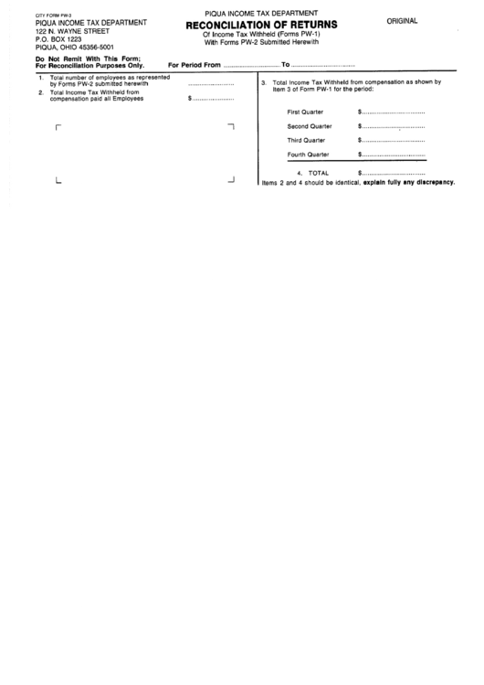 Form Pw3 Reconciliation Of Returns City Of Piqua Tax