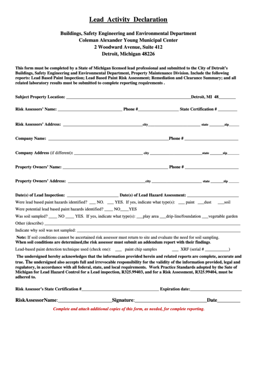 Lead Activity Declaration Buildings, Safety Engineering And Environmental Department printable