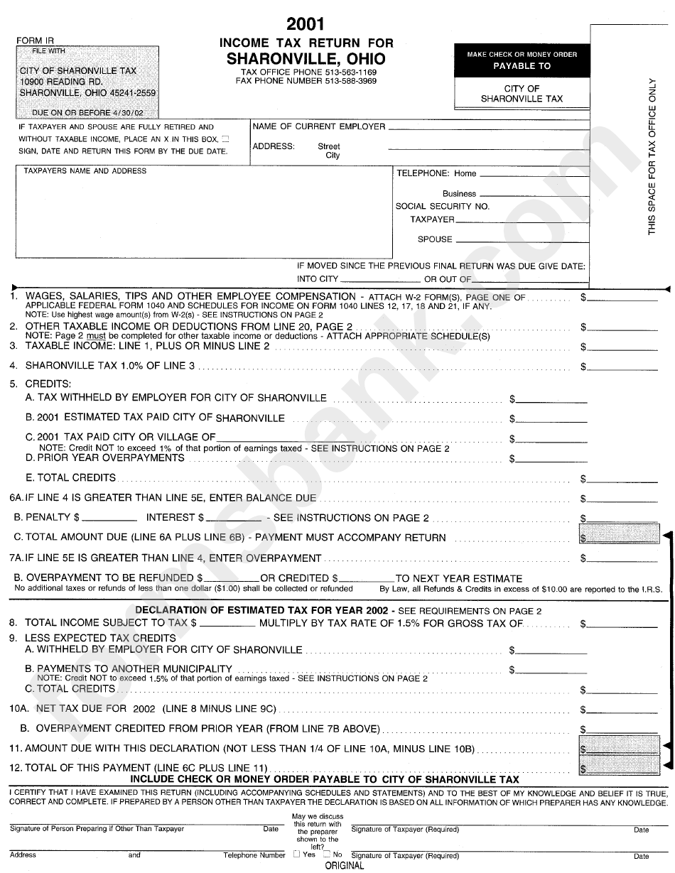 Form Ir Tax Return For Sharonville, Ohio 2001 printable pdf download