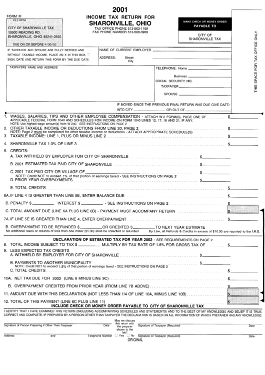 Form Ir Tax Return For Sharonville, Ohio 2001 printable pdf