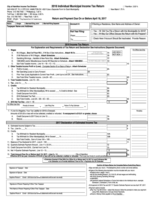 Individual Municipal Tax Return Form City Of Hamilton 2016