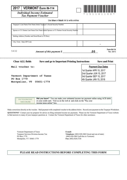 Fillable Form In114 Individual Estimated Tax Payment Voucher