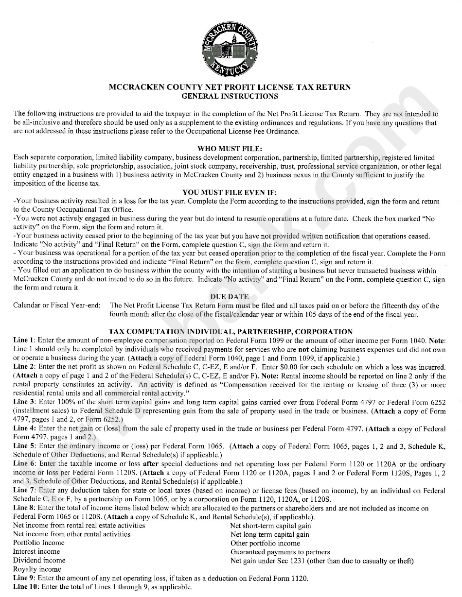Mccracken County Net Profit License Tax Return General Instructions