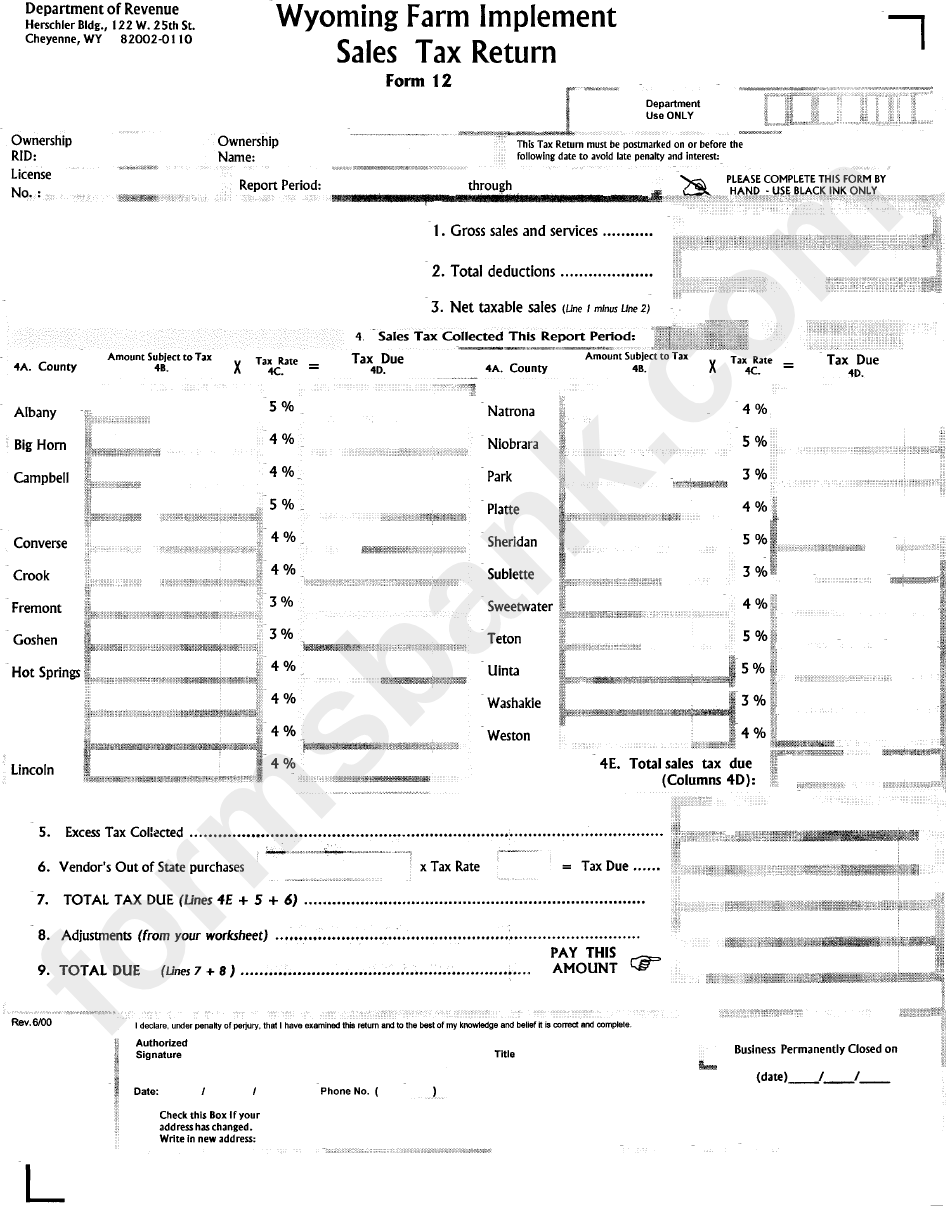 Form 12 Wyoming Farm Implement Sales Tax Return printable pdf download