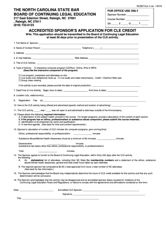 Fillable Ncsb Form 4 Accredited Sponsor'S Application For Cle Credit