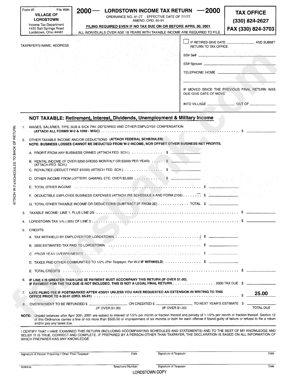 Form Ir Lordstown Tax Return Tax Department 2000