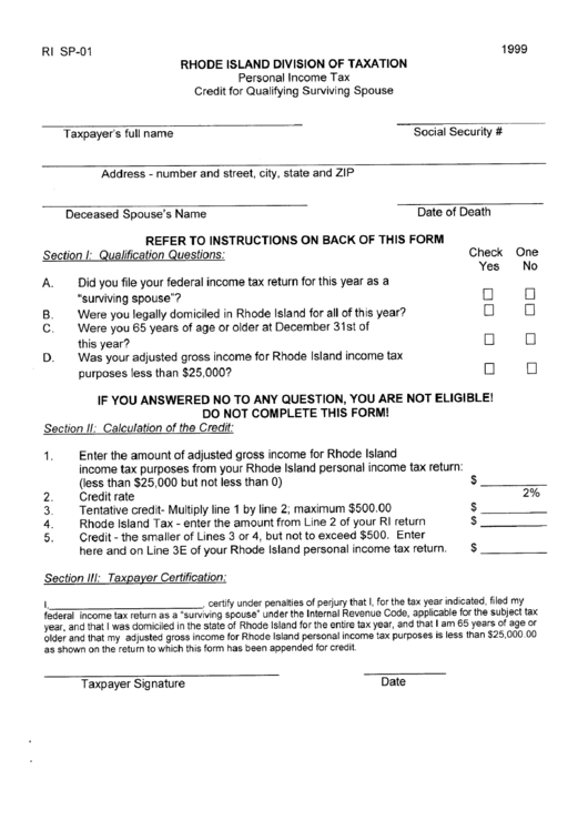 Form Ri Sp01 Personal Tax Credit Qualifyying Surviving
