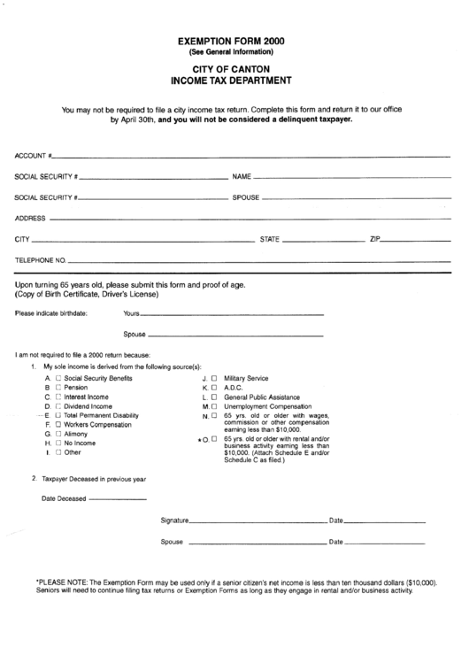 Exemption Form Tax Department 2000 printable pdf download