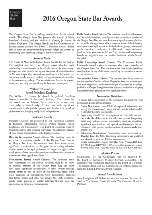Fillable Oregon State Bar Awards Nominee Information Sheet 2016
