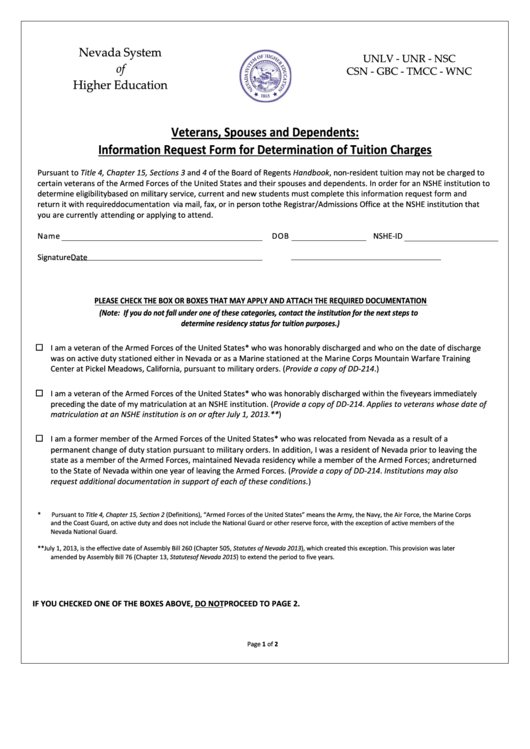 Fillable Veterans, Spouses And Dependents Information Request Form For