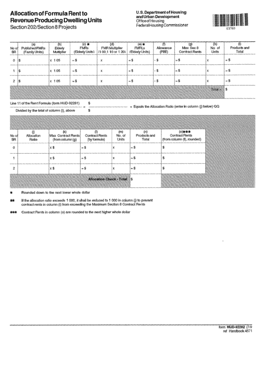 Fillable Form Hud92282 Allocation Of Formula Rent To Revenue Producing Dwelling Units U.s