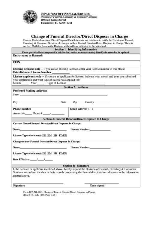 Form DfsN11743 Change Of Funeral Director/direct Disposer In Charge