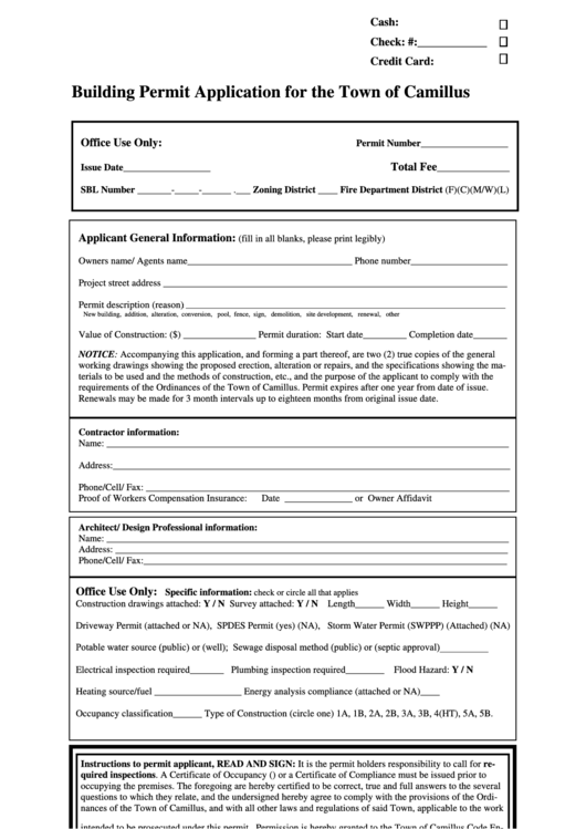 Building Permit Application For The Town Of Camillus printable pdf download