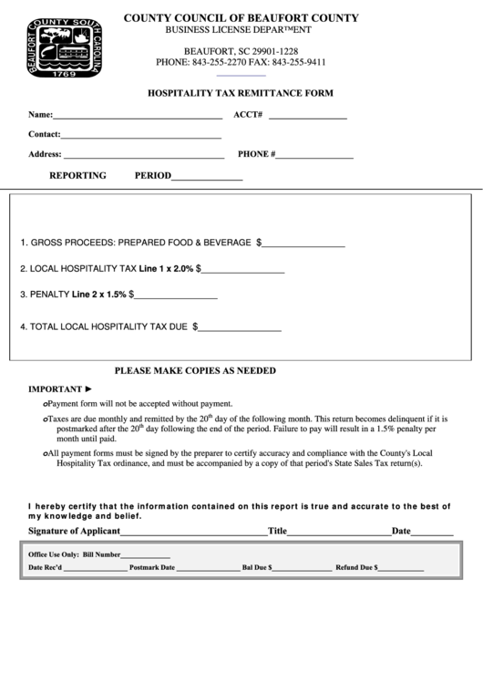 Hospitality Tax Remittance Form County Council Of Beaufort County