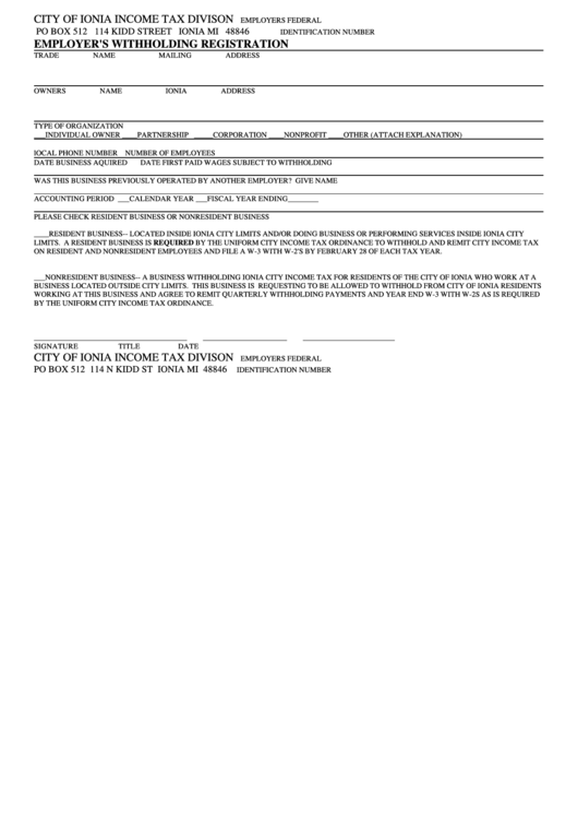 Employer'S Withholding Registration Form City Of Ionia Tax Divison printable pdf download