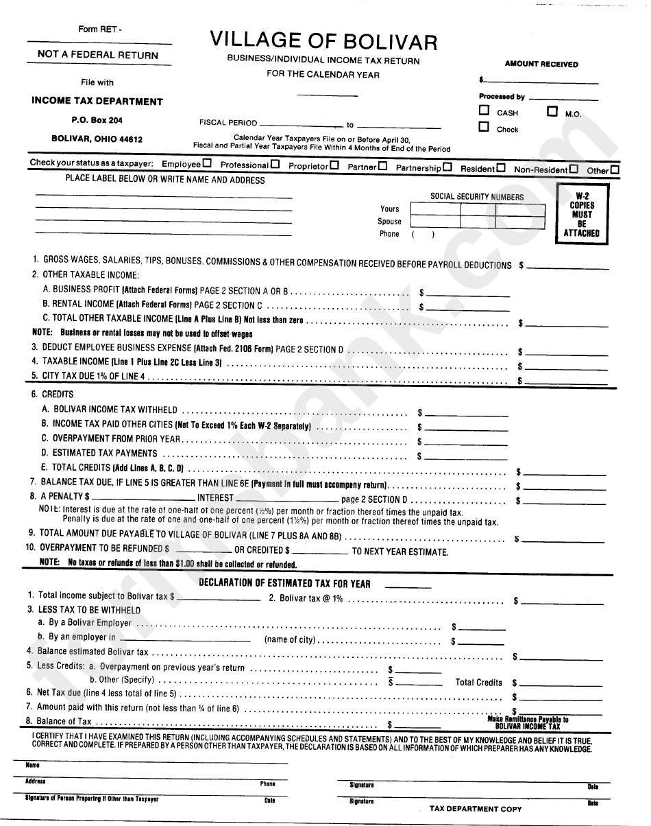 Form Ret Business/individual Tax Return Tax