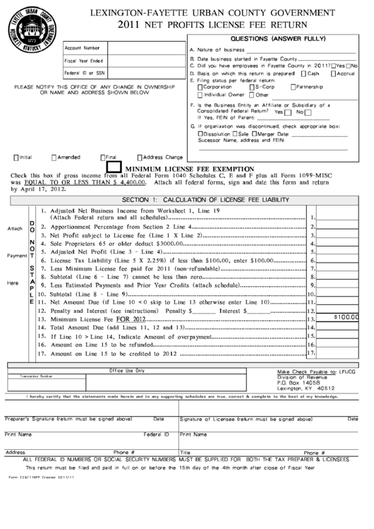 Form 228/11npf Net Profits License Fee Return 2011 printable pdf