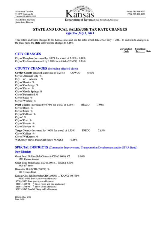 Form Edu96 State And Local Sales/use Tax Rate Changes Kansas