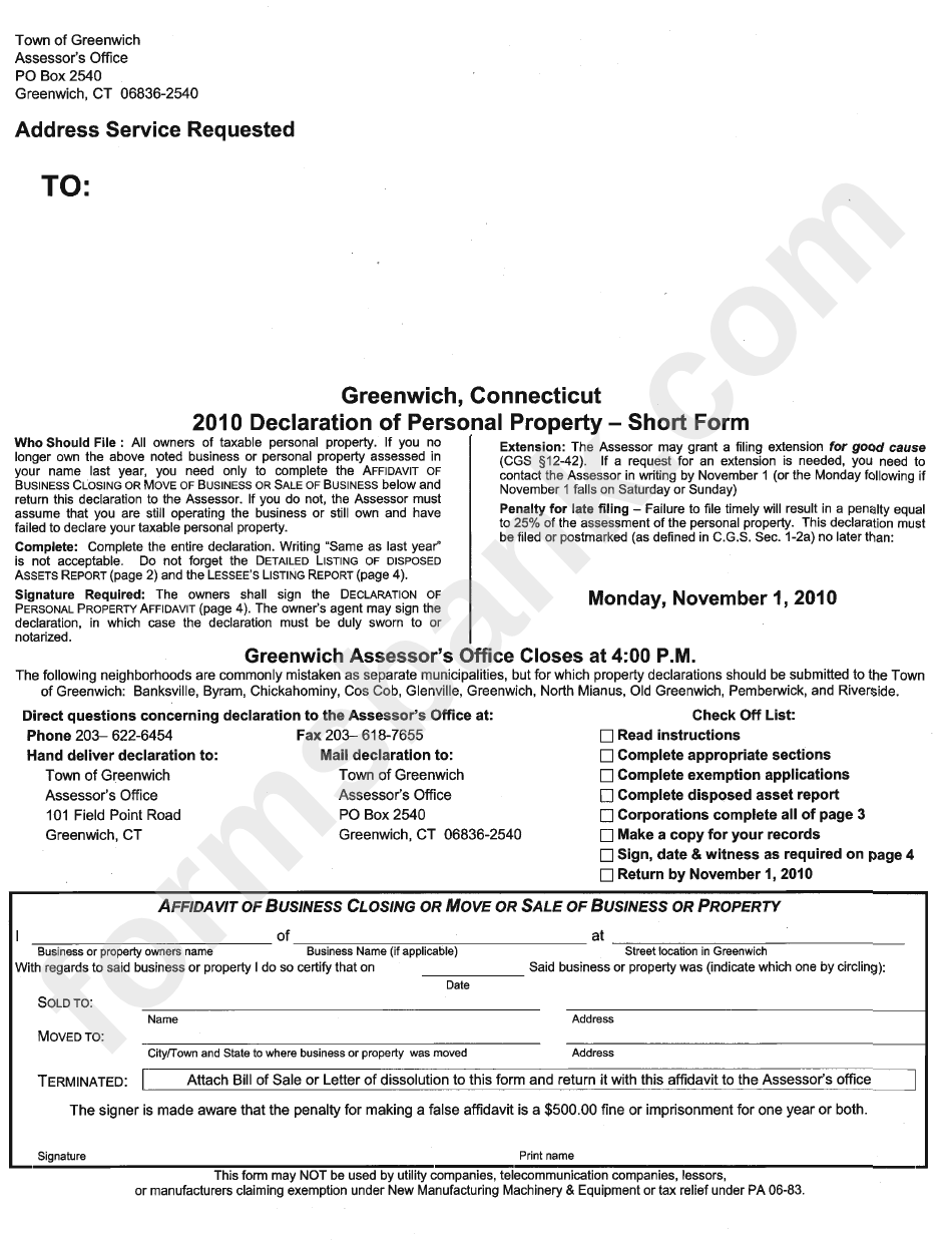 2010 Personal Property Tax Short Form Town Of Greenwich printable