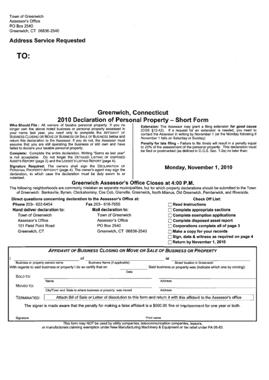 2010 Personal Property Tax Short Form Town Of Greenwich printable