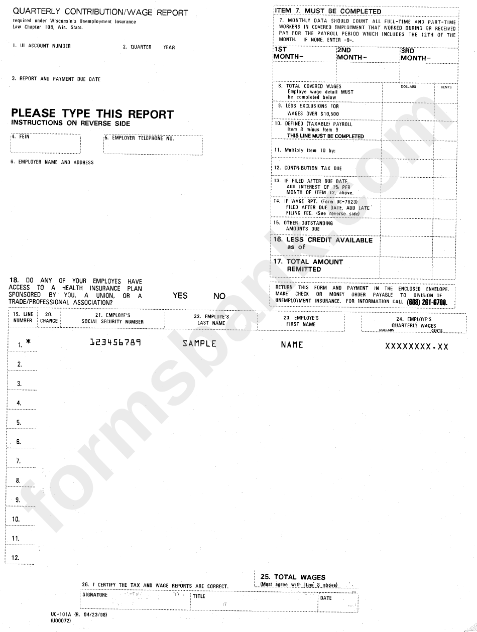 Form Uc101a Quarterly Contribution/wage Report printable pdf download