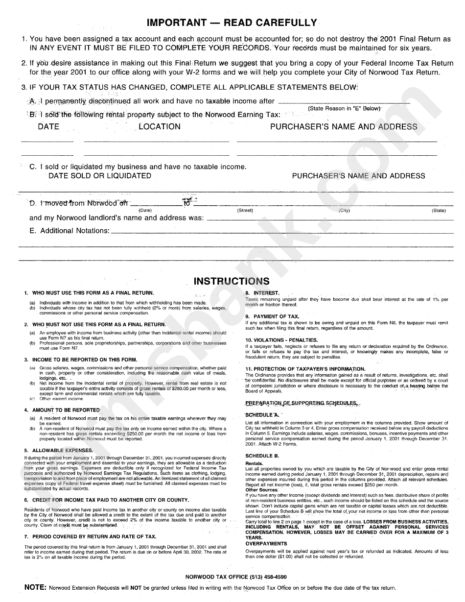 Tax Form Instructions City Of Norwood printable pdf download
