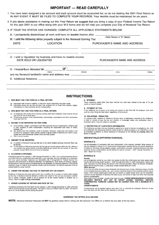Tax Form Instructions City Of Norwood printable pdf download