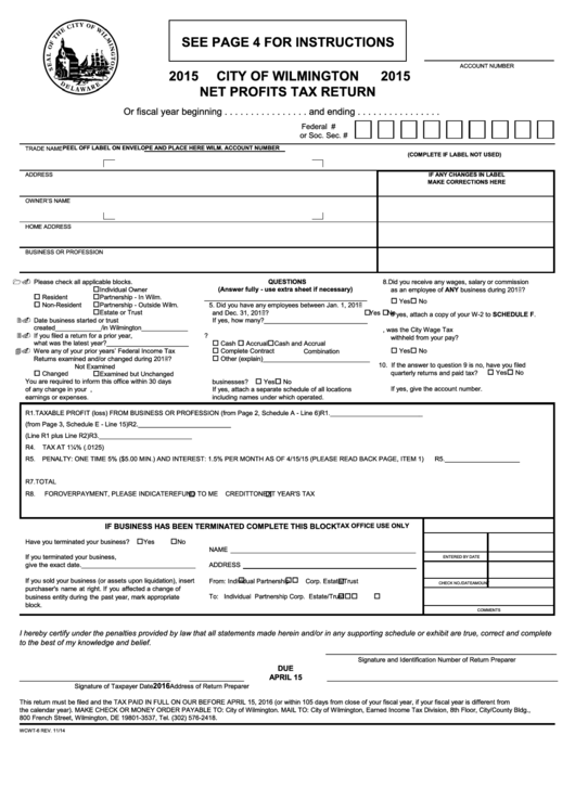 Net Profits Tax Return City Of Wilmington 2015 printable pdf download