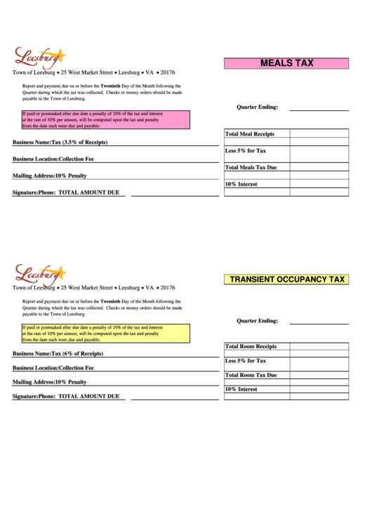 Meals Tax Transient Occupancy Tax Town Of Leesburg printable pdf